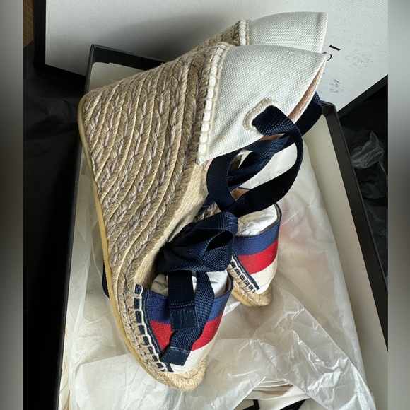 GUCCI
Canvas Sylvie Web Ankle Wrap
Espadrille Wedge Sandals - Picture 6 of 12